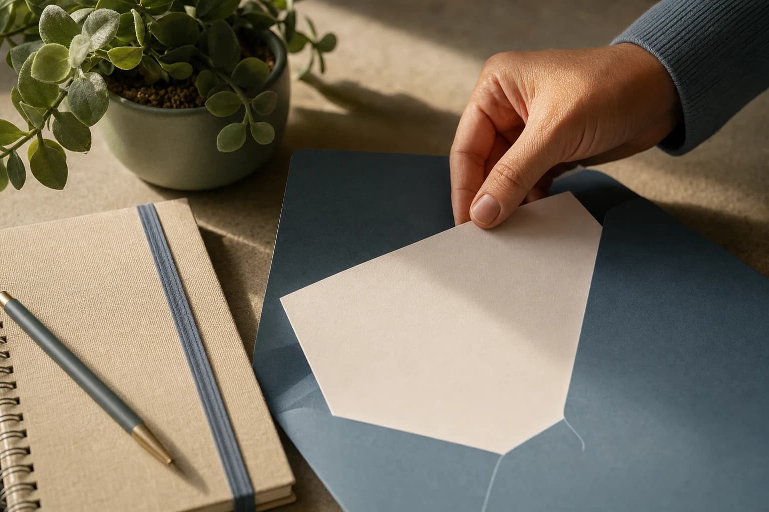A hand placing a blank page into a dark blue folder beside a notebook