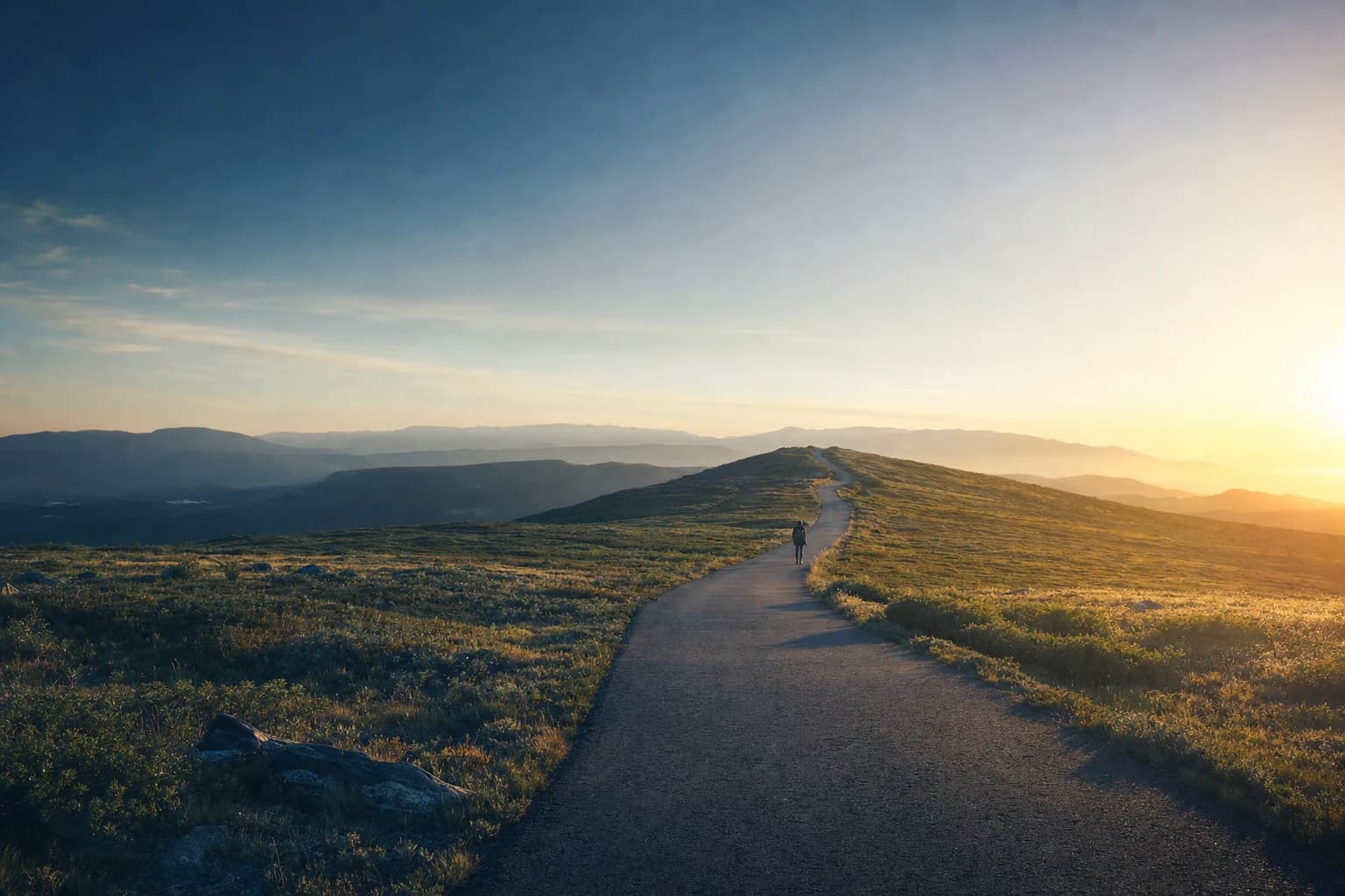A quiet path moving through rolling hills toward warm morning light